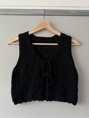 Black Crochet Tie-Front Knit Vest